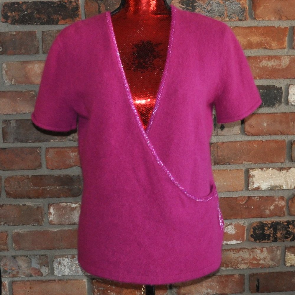 NWT New Christine Phillipe Angora Magenta Pink Knit Cross-over Beaded SWEATER LX
